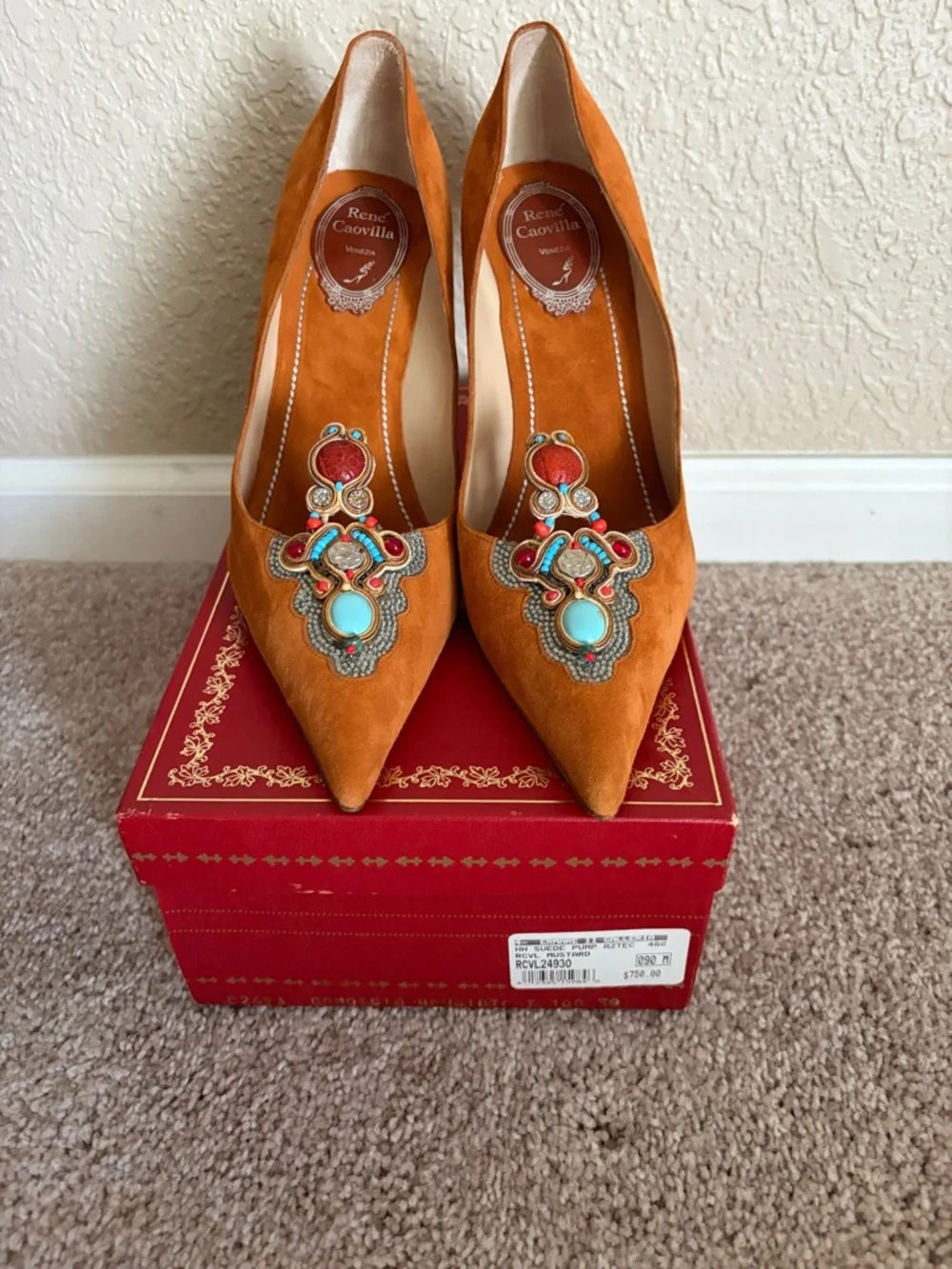 Rene Caovilla Orange Suede Embellished heels NIB size 39 made in Italy - Picture 6 of 7